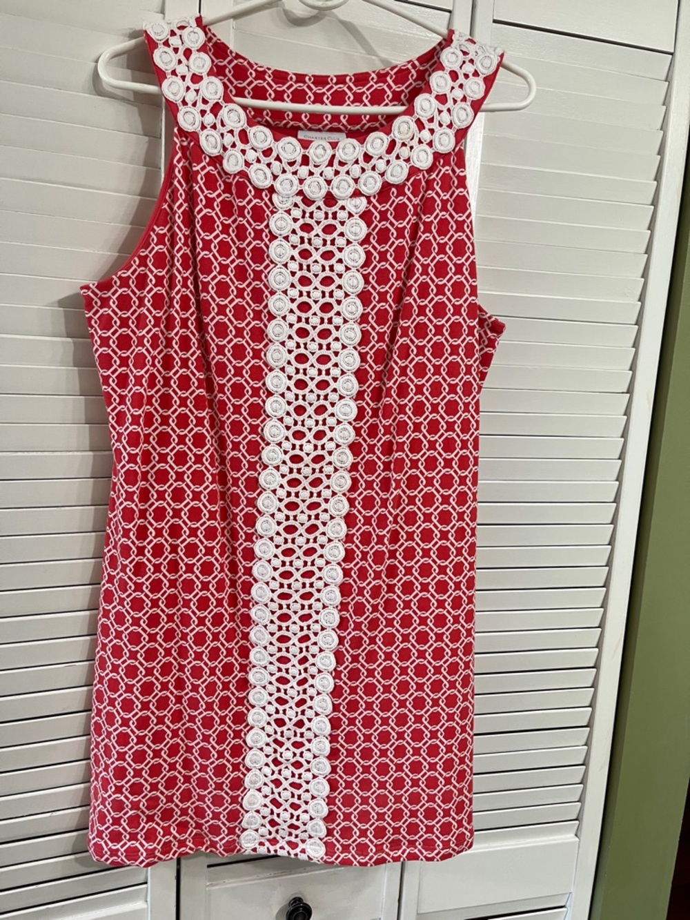 Charter Club Red Sleeveless Shift Dress with White Crochet Trim